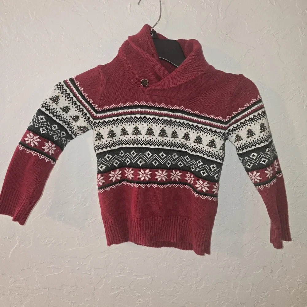 The Children's Place XS 4 Snowflake Fair Isle Sweater Christmas Tree‎ Shawl Red